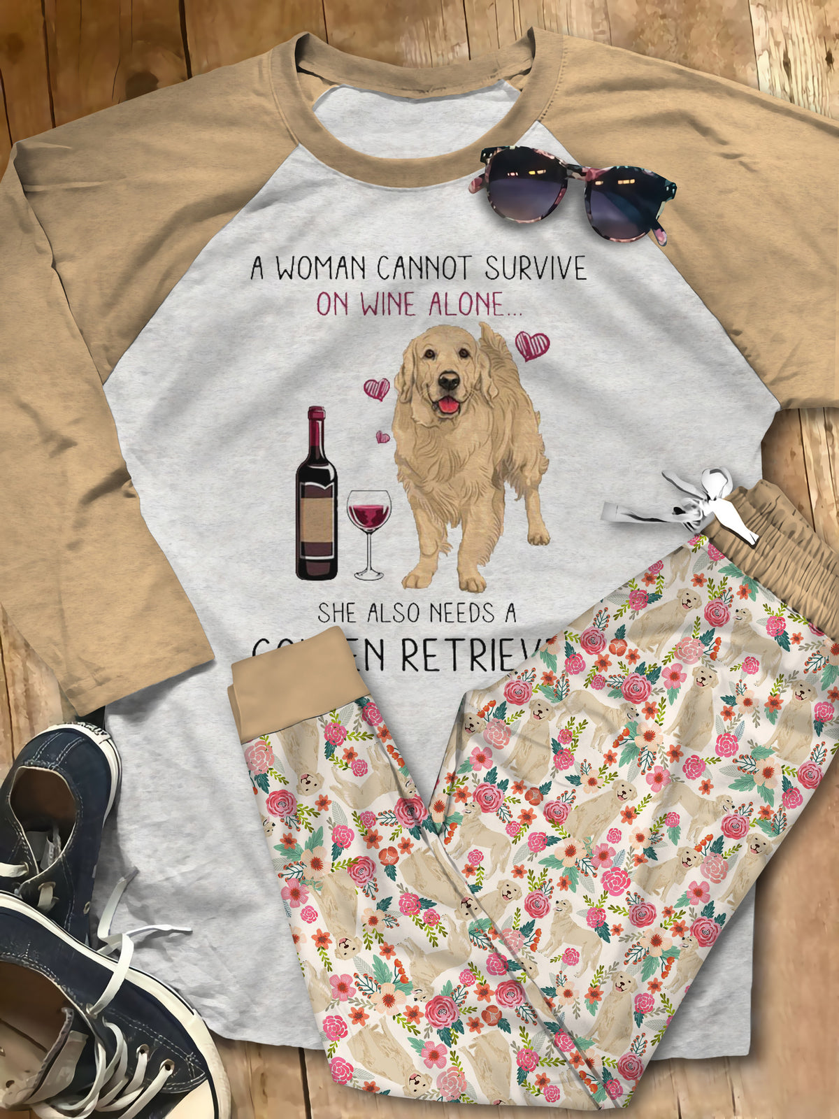 Golden Retriever Set Wine And Golden Pajama Set |Sleepwear Pjs Sets | Raglan Shirt Pants Set