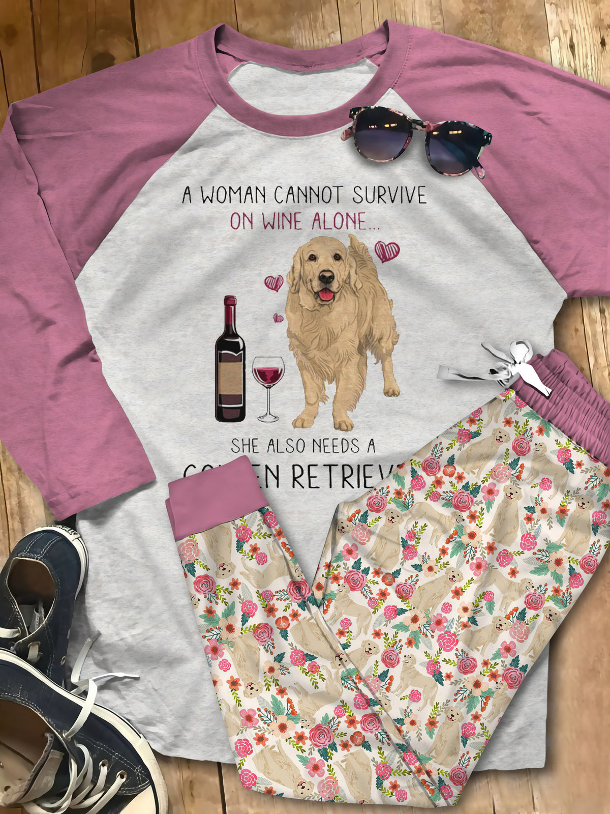 Golden Retriever Set Wine And Golden Pajama Set |Sleepwear Pjs Sets | Raglan Shirt Pants Set