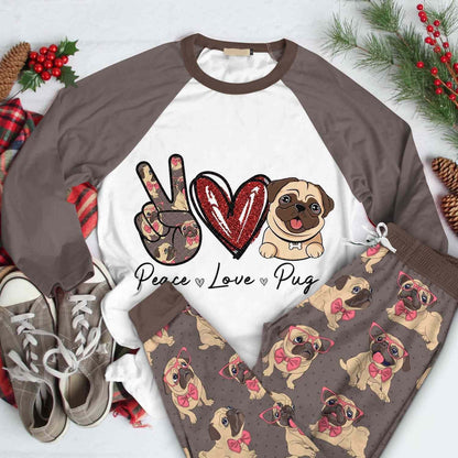 Pug Love Pug Abs Pajama Set |Sleepwear Pjs Sets | Raglan Shirt Pants Set