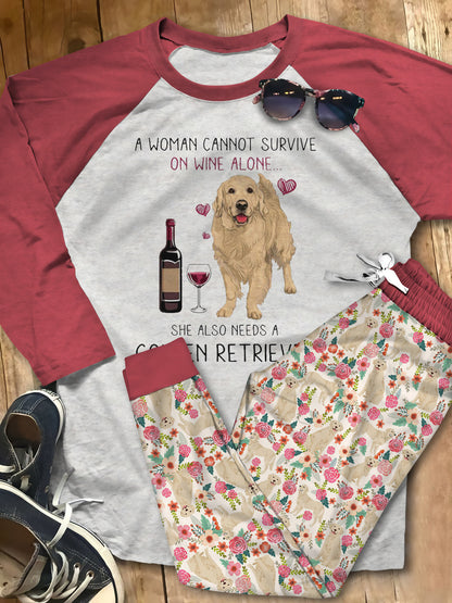 Golden Retriever Set Wine And Golden Pajama Set |Sleepwear Pjs Sets | Raglan Shirt Pants Set