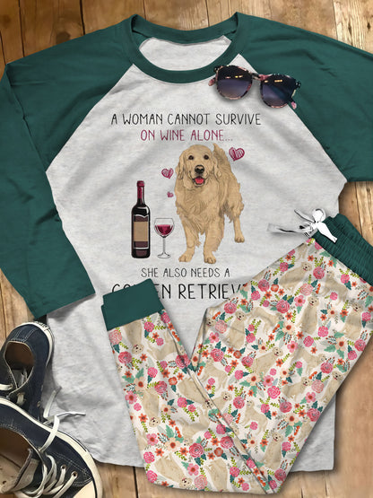 Golden Retriever Set Wine And Golden Pajama Set |Sleepwear Pjs Sets | Raglan Shirt Pants Set
