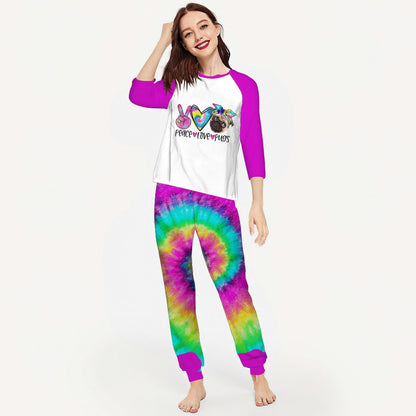 Pug Peace Love Pugs Abt Pajama Set |Sleepwear Pjs Sets | Raglan Shirt Pants Set