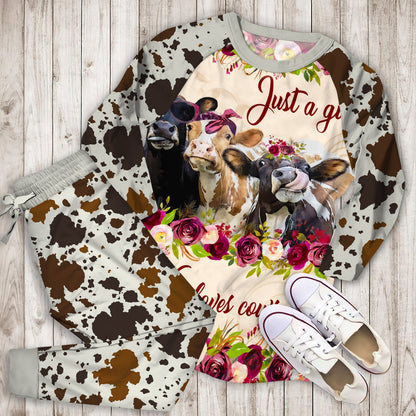 Just A Girl Who Loves Cow And Flower Pajama Set |Sleepwear Pjs Sets | Raglan Shirt Pants Set