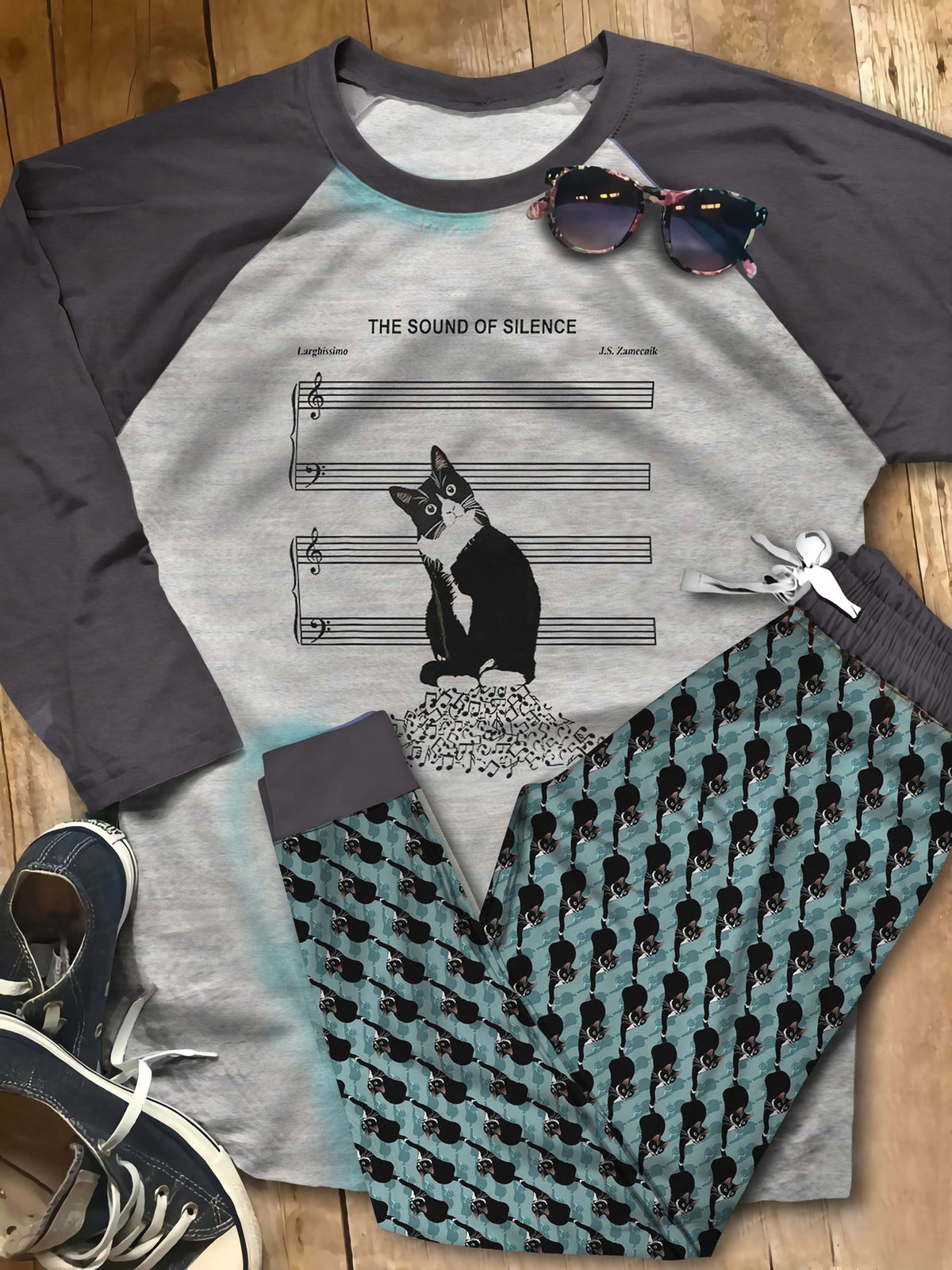 Cat Tuxedo Cat Aaj Pajama Set |Sleepwear Pjs Sets | Raglan Shirt Pants Set