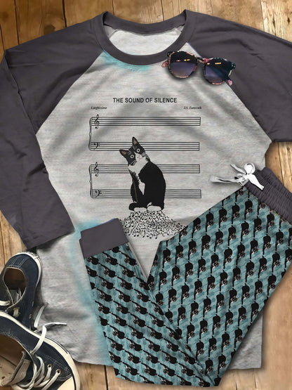Cat Tuxedo Cat Aaj Pajama Set |Sleepwear Pjs Sets | Raglan Shirt Pants Set
