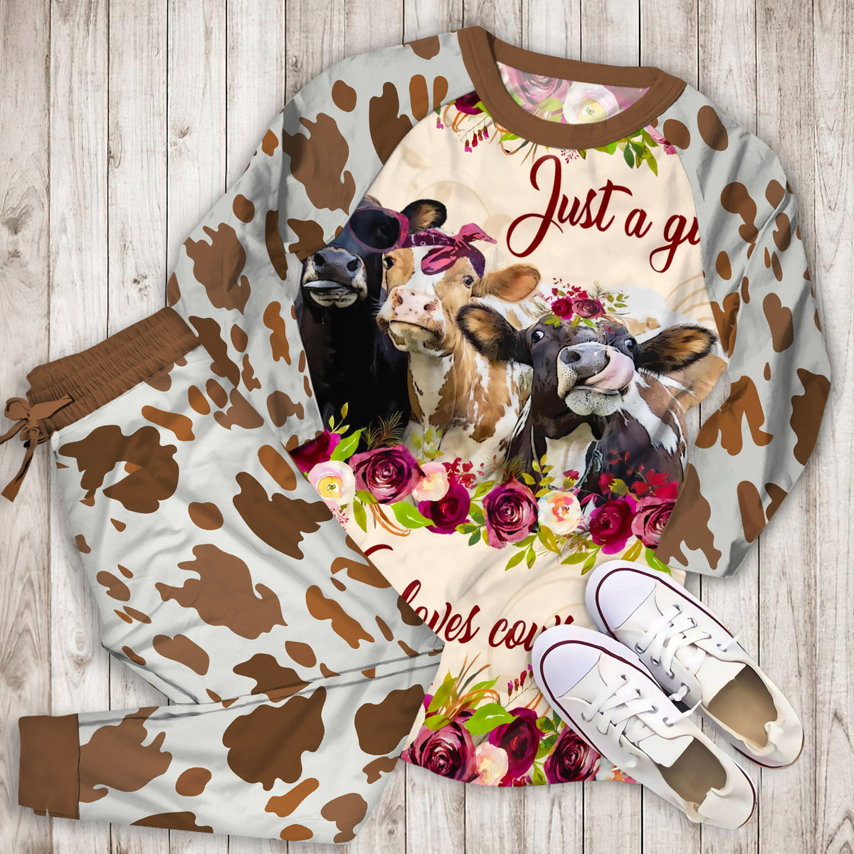 Just A Girl Who Loves Cow And Flower Pajama Set |Sleepwear Pjs Sets | Raglan Shirt Pants Set