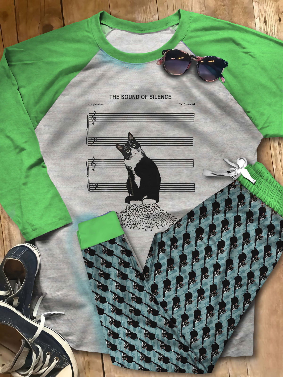 Cat Tuxedo Cat Aaj Pajama Set |Sleepwear Pjs Sets | Raglan Shirt Pants Set