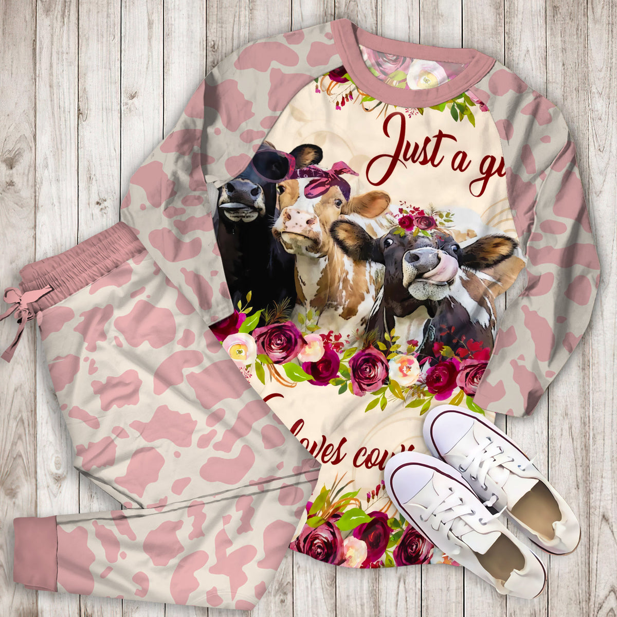 Just A Girl Who Loves Cow And Flower Pajama Set |Sleepwear Pjs Sets | Raglan Shirt Pants Set