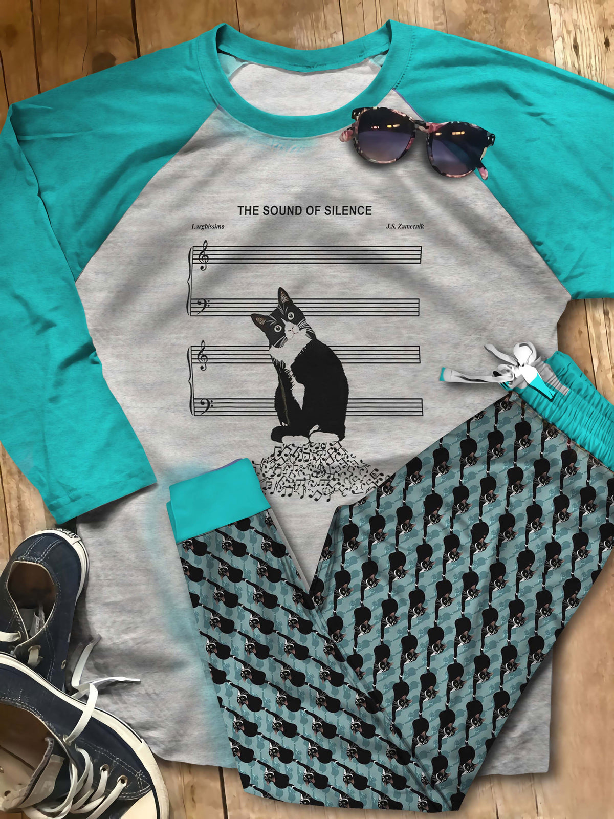 Cat Tuxedo Cat Aaj Pajama Set |Sleepwear Pjs Sets | Raglan Shirt Pants Set