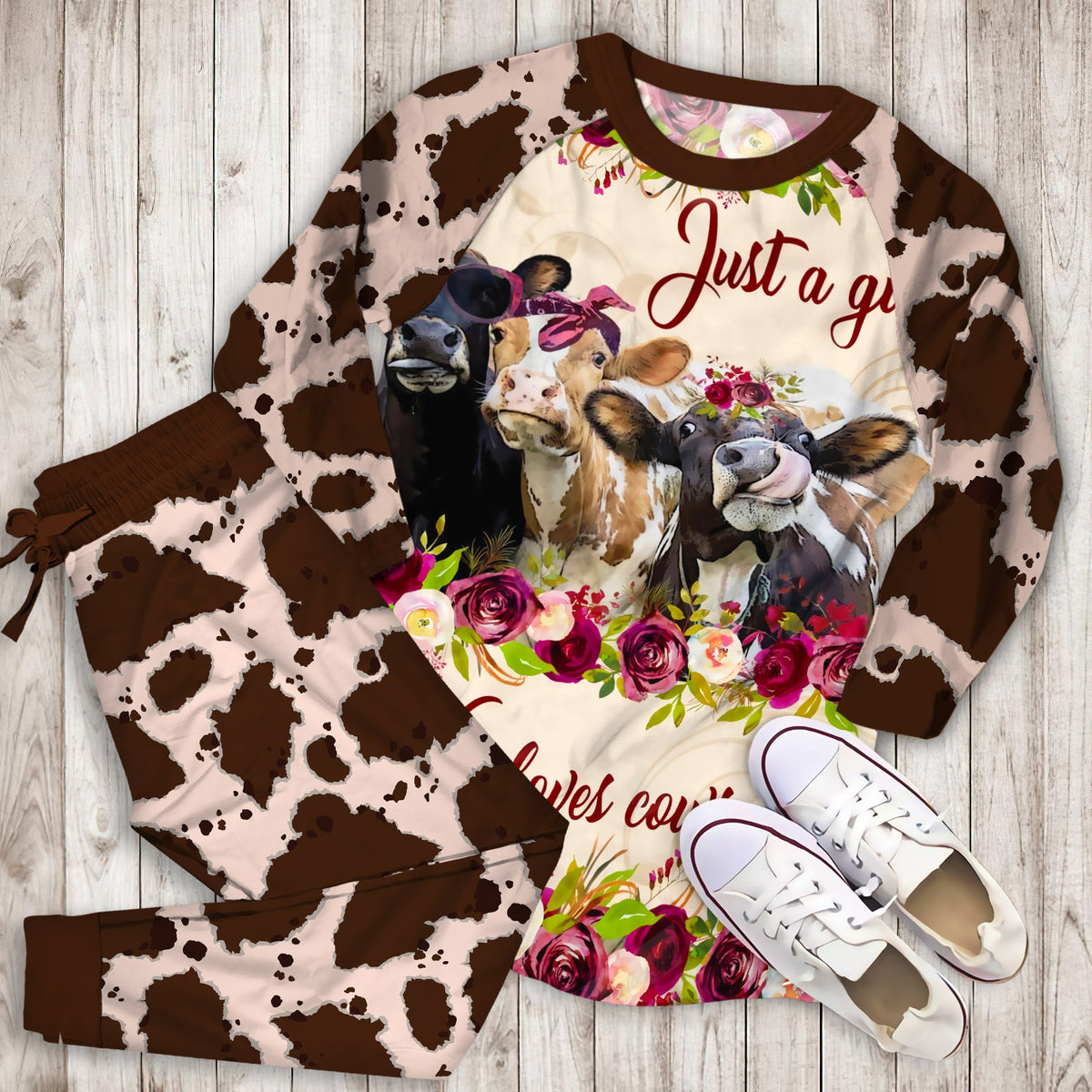 Just A Girl Who Loves Cow And Flower Pajama Set |Sleepwear Pjs Sets | Raglan Shirt Pants Set