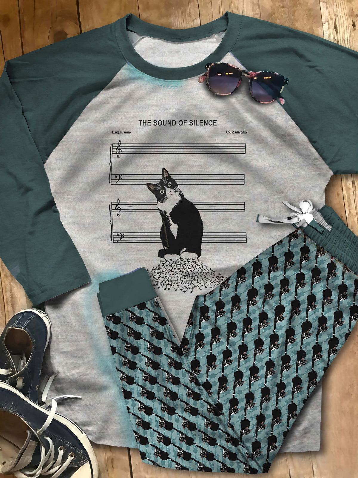Cat Tuxedo Cat Aaj Pajama Set |Sleepwear Pjs Sets | Raglan Shirt Pants Set