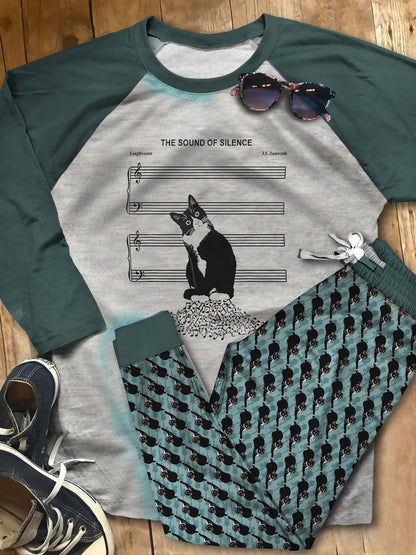 Cat Tuxedo Cat Aaj Pajama Set |Sleepwear Pjs Sets | Raglan Shirt Pants Set