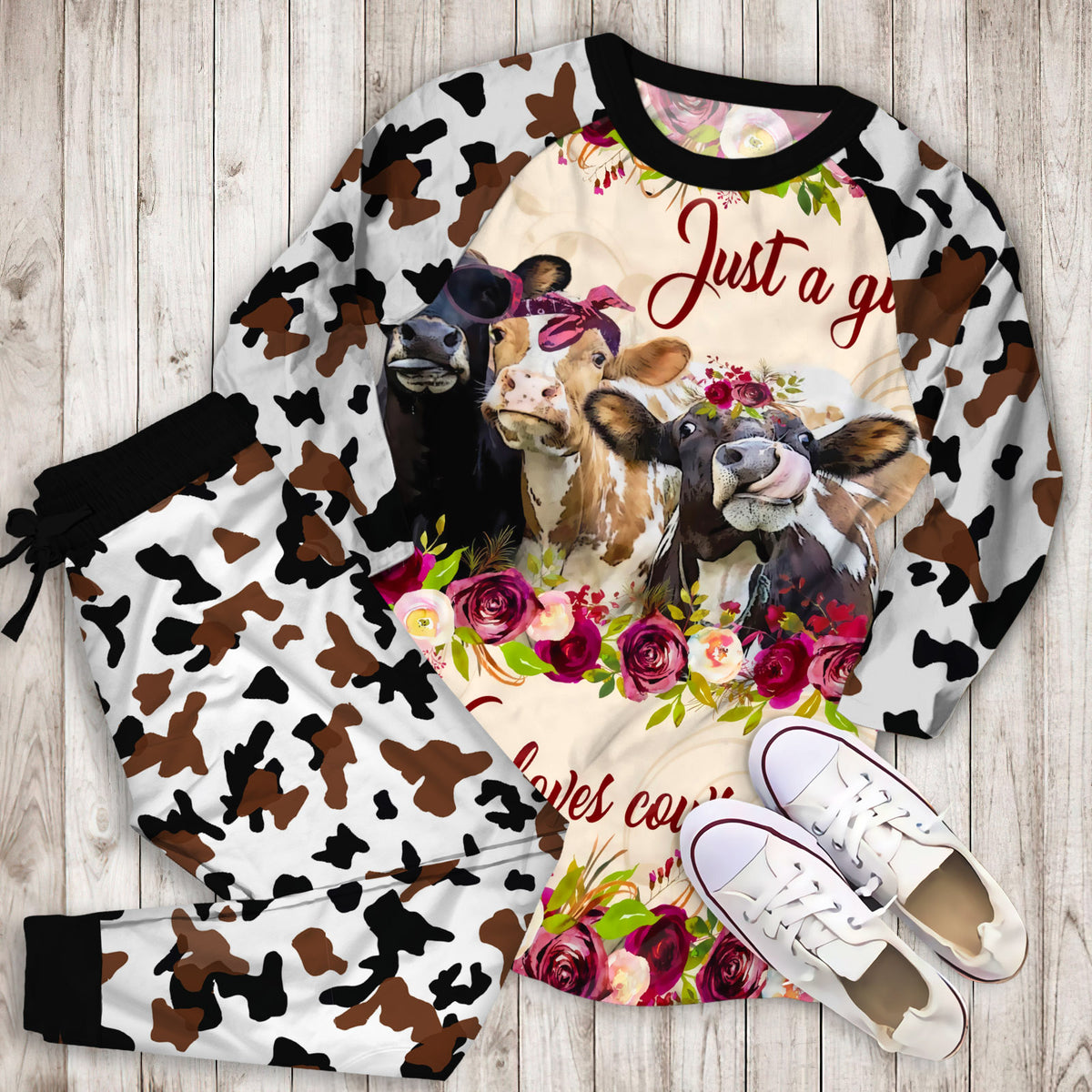 Just A Girl Who Loves Cow And Flower Pajama Set |Sleepwear Pjs Sets | Raglan Shirt Pants Set