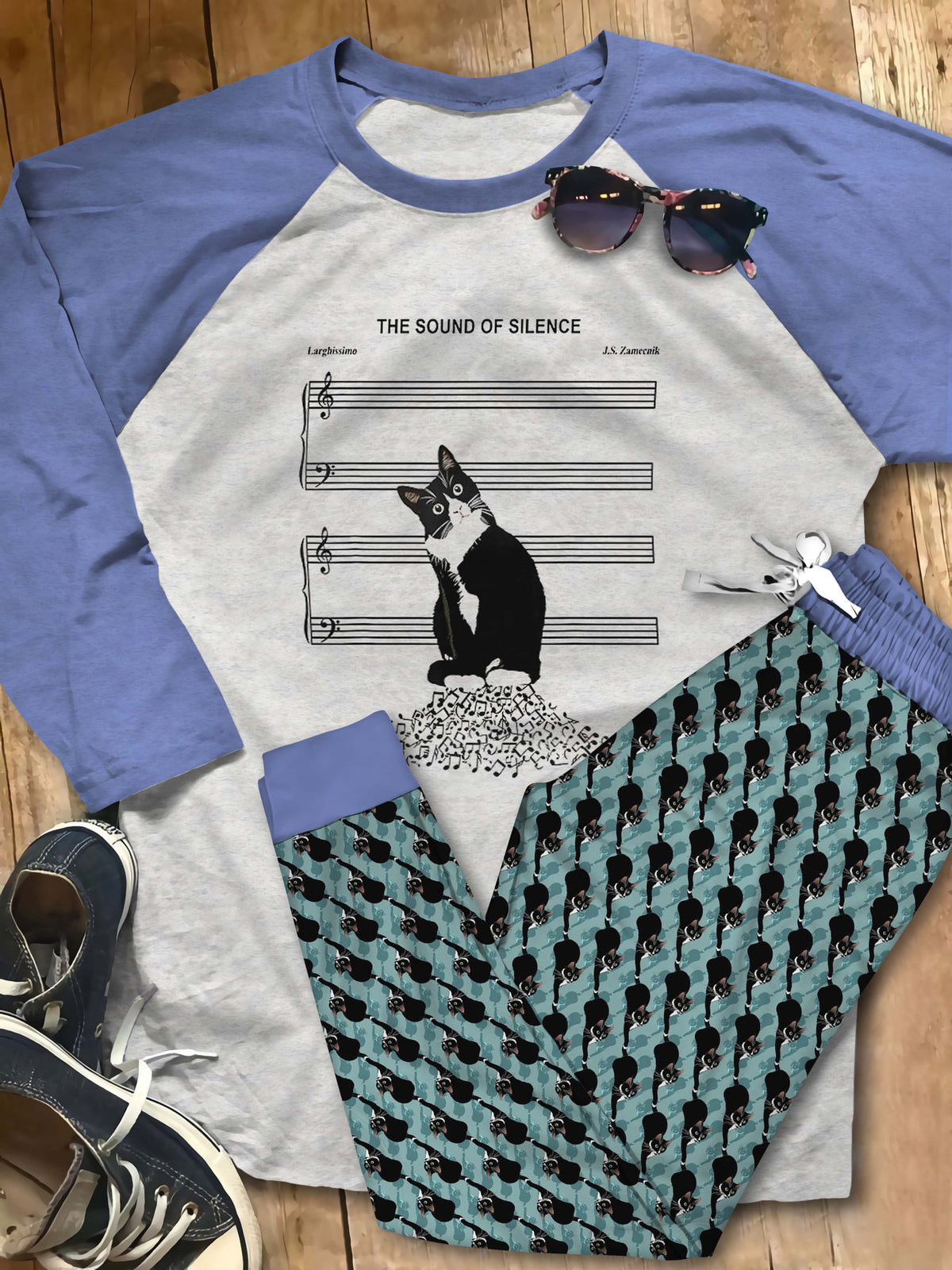 Cat Tuxedo Cat Aaj Pajama Set |Sleepwear Pjs Sets | Raglan Shirt Pants Set