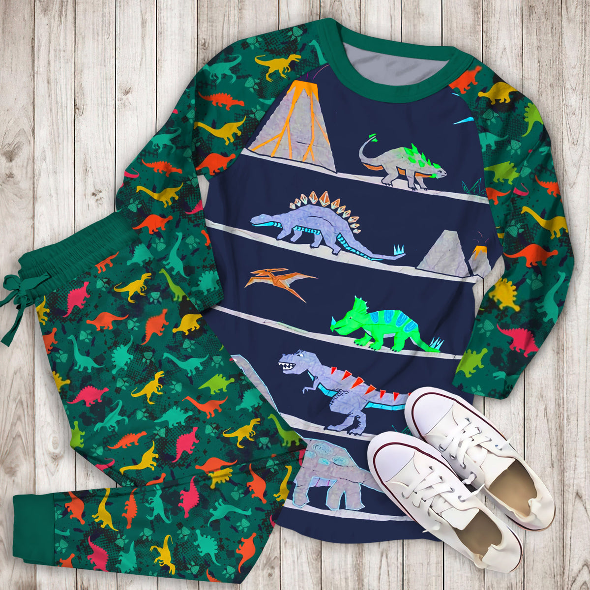 Warren Dinosaur Pajama Set | Pajamas | Cotton Sleepwear Sets | Soft Long Sleeve Pjs | Raglan Shirt and Pants Set