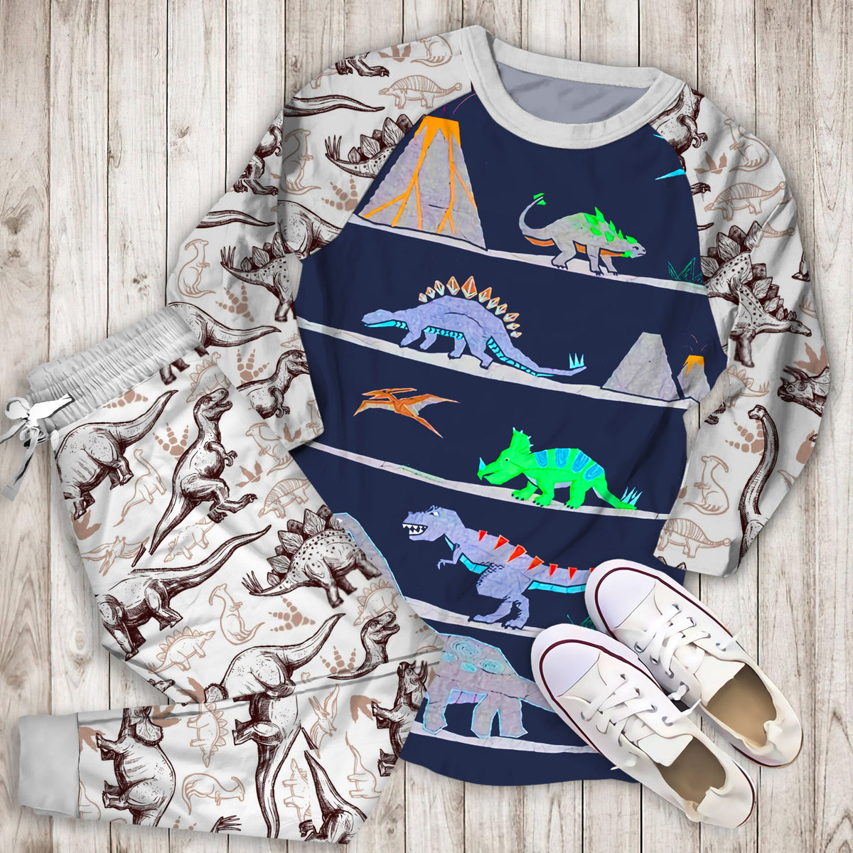 Warren Dinosaur Pajama Set | Pajamas | Cotton Sleepwear Sets | Soft Long Sleeve Pjs | Raglan Shirt and Pants Set