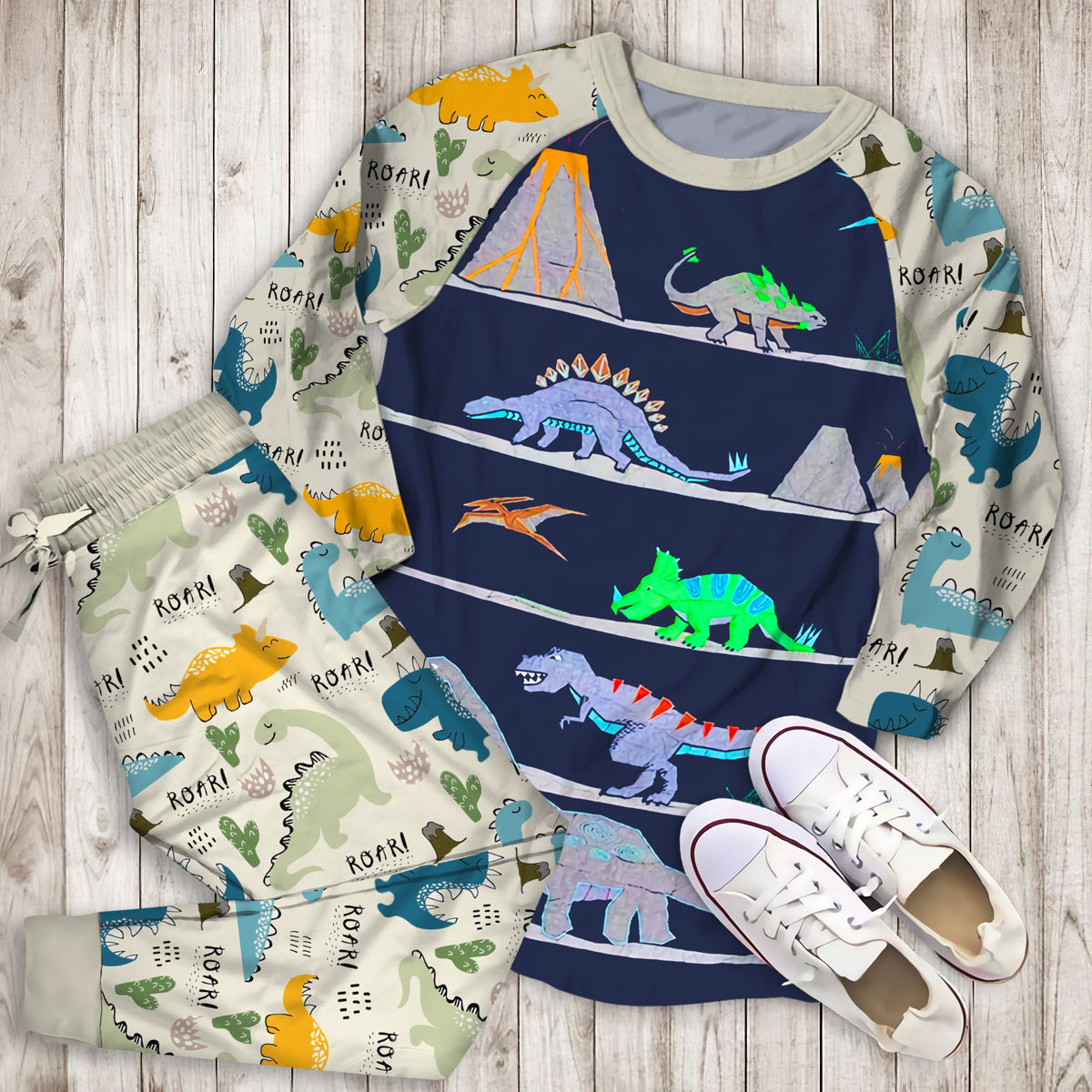 Warren Dinosaur Pajama Set | Pajamas | Cotton Sleepwear Sets | Soft Long Sleeve Pjs | Raglan Shirt and Pants Set