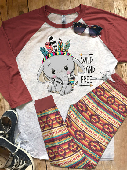 Elephant Wild And Free Pajama Set |Sleepwear Pjs Sets | Raglan Shirt Pants Set