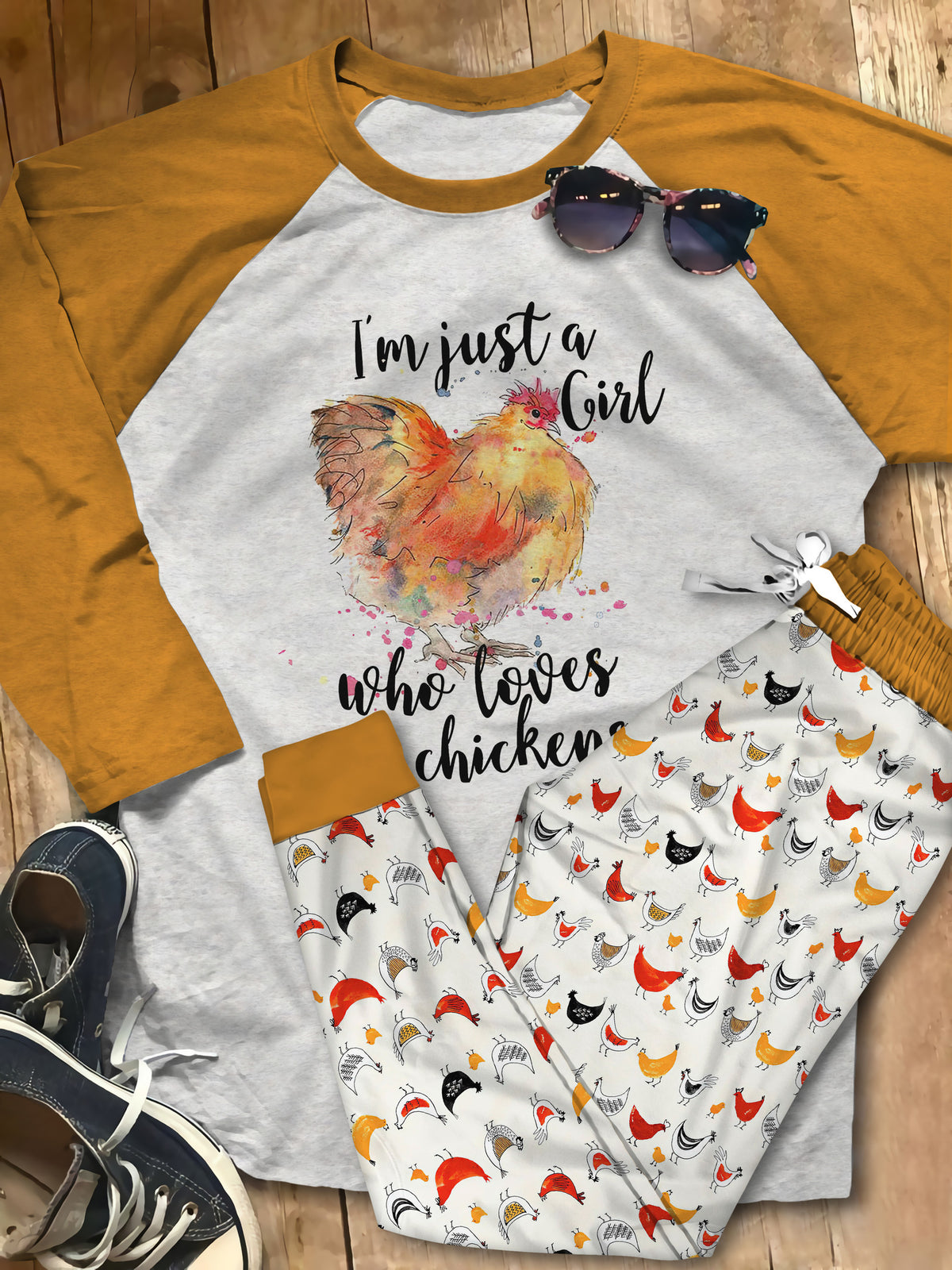 Chicken Just A Girl Huy Pajama Set |Sleepwear Pjs Sets | Raglan Shirt Pants Set