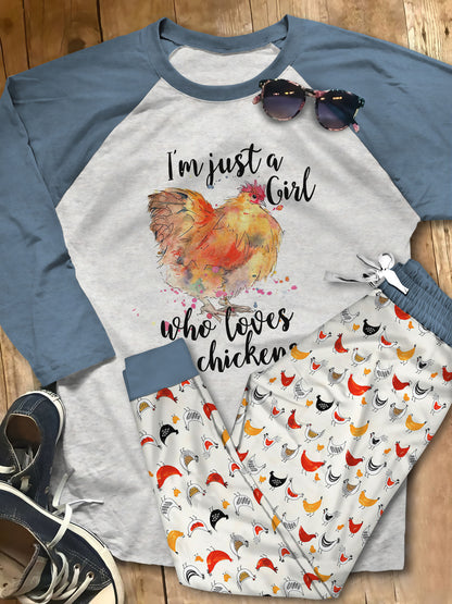 Chicken Just A Girl Huy Pajama Set |Sleepwear Pjs Sets | Raglan Shirt Pants Set