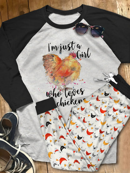 Chicken Just A Girl Huy Pajama Set |Sleepwear Pjs Sets | Raglan Shirt Pants Set