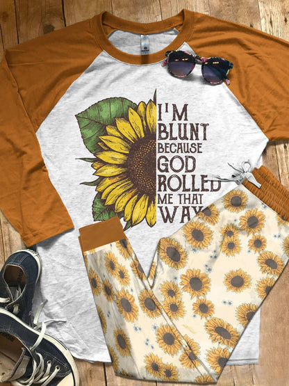 Sunflower Rolled Me That Way Pajama Set |Sleepwear Pjs Sets | Raglan Shirt Pants Set