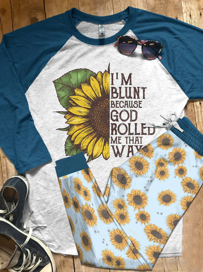 Sunflower Rolled Me That Way Pajama Set |Sleepwear Pjs Sets | Raglan Shirt Pants Set