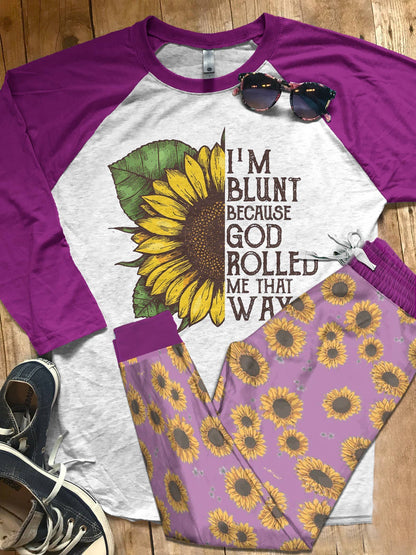 Sunflower Rolled Me That Way Pajama Set |Sleepwear Pjs Sets | Raglan Shirt Pants Set