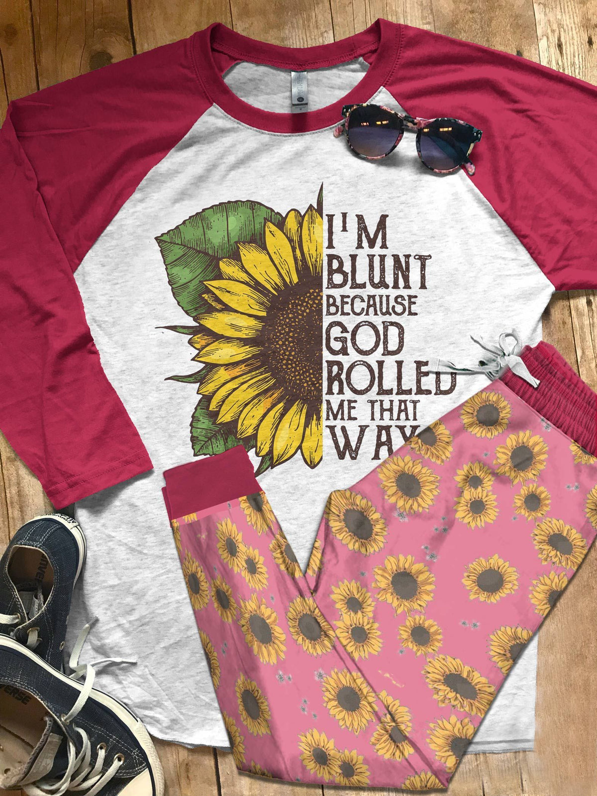 Sunflower Rolled Me That Way Pajama Set |Sleepwear Pjs Sets | Raglan Shirt Pants Set