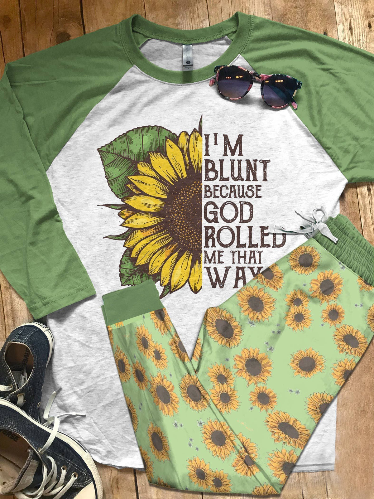 Sunflower Rolled Me That Way Pajama Set |Sleepwear Pjs Sets | Raglan Shirt Pants Set