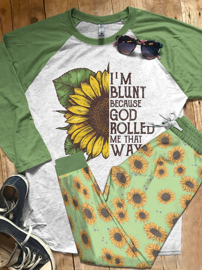 Sunflower Rolled Me That Way Pajama Set |Sleepwear Pjs Sets | Raglan Shirt Pants Set