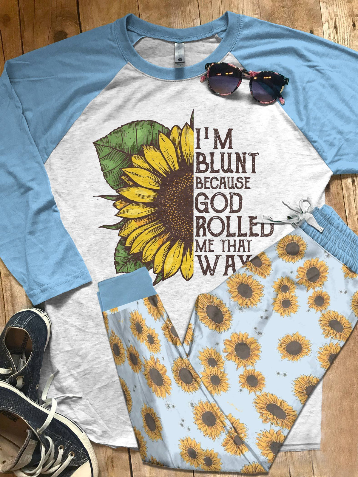 Sunflower Rolled Me That Way Pajama Set |Sleepwear Pjs Sets | Raglan Shirt Pants Set