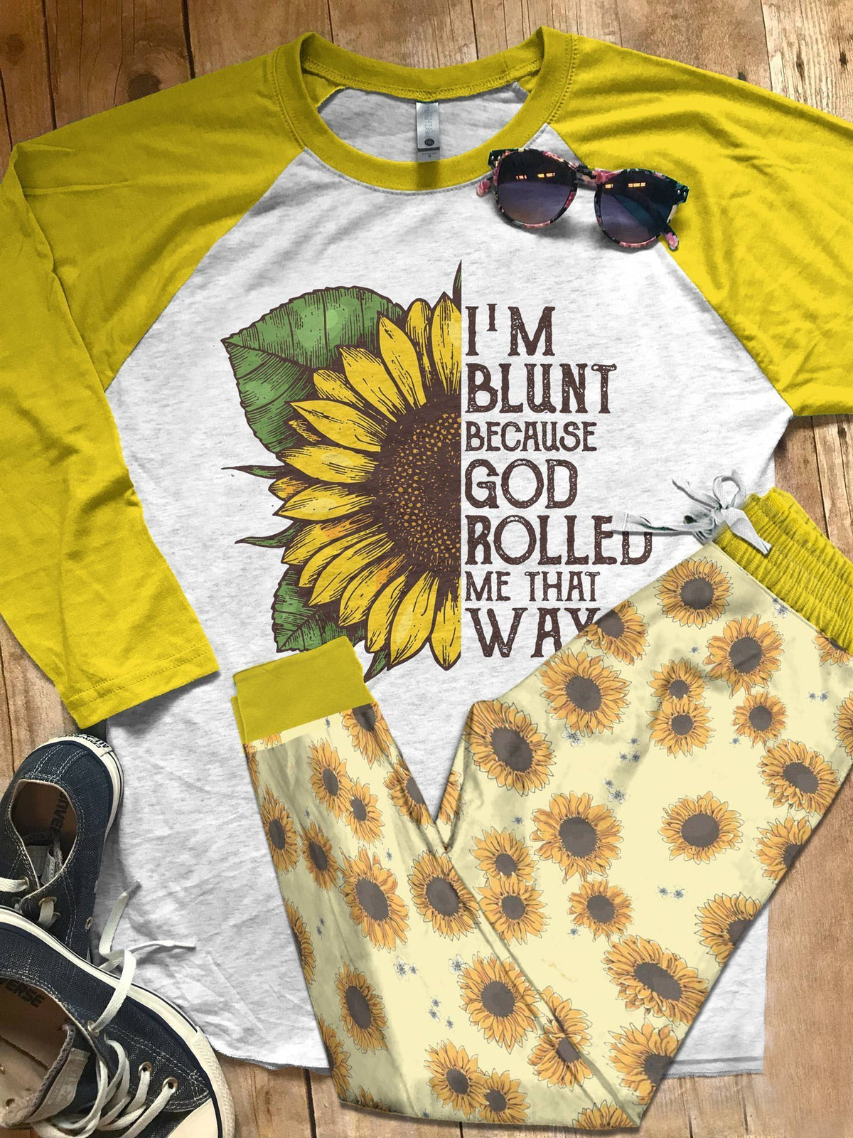 Sunflower Rolled Me That Way Pajama Set |Sleepwear Pjs Sets | Raglan Shirt Pants Set