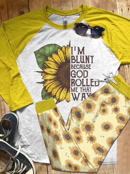 Sunflower Rolled Me That Way Pajama Set |Sleepwear Pjs Sets | Raglan Shirt Pants Set