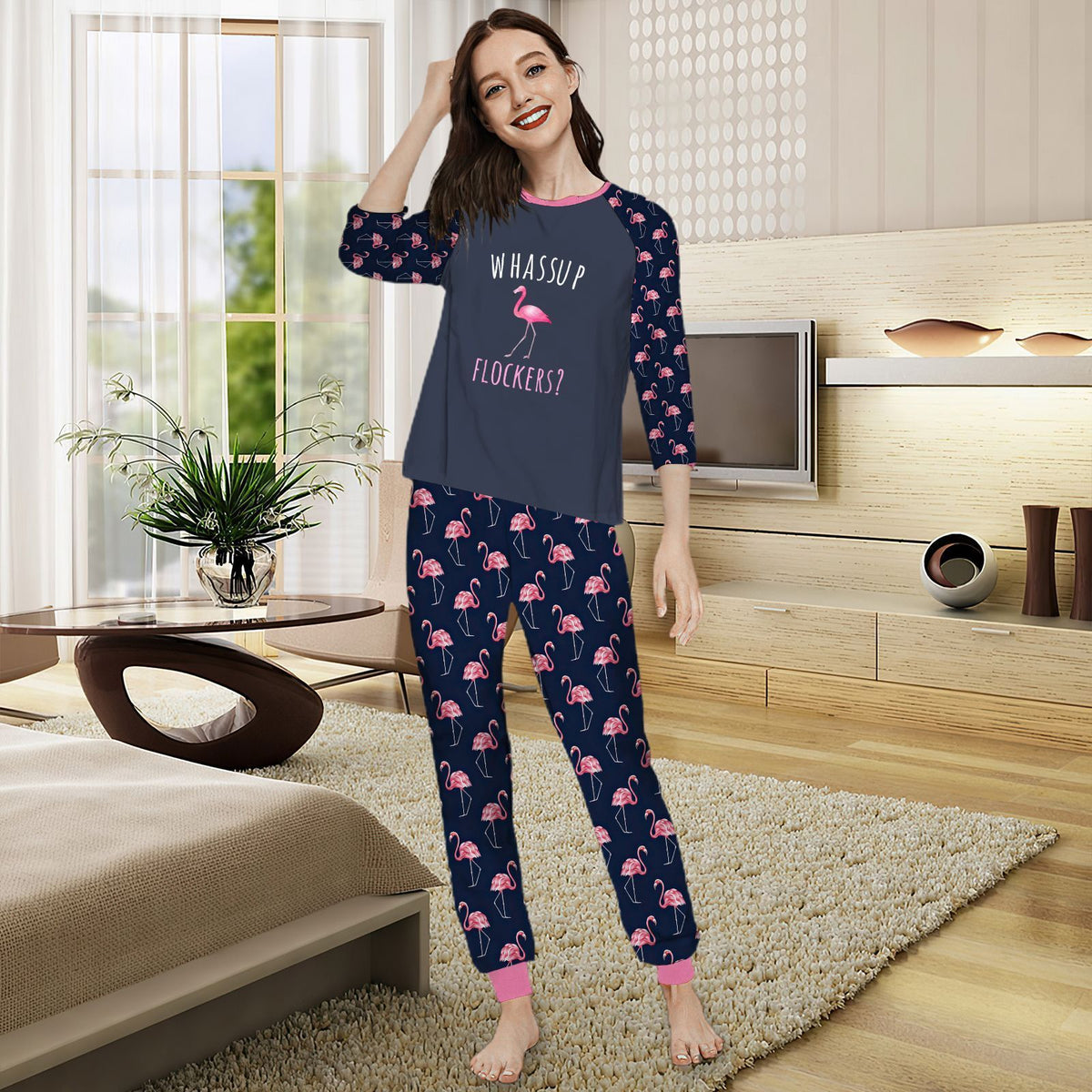 Flamingo Collection Aas Pajama Set |Sleepwear Pjs Sets | Raglan Shirt Pants Set