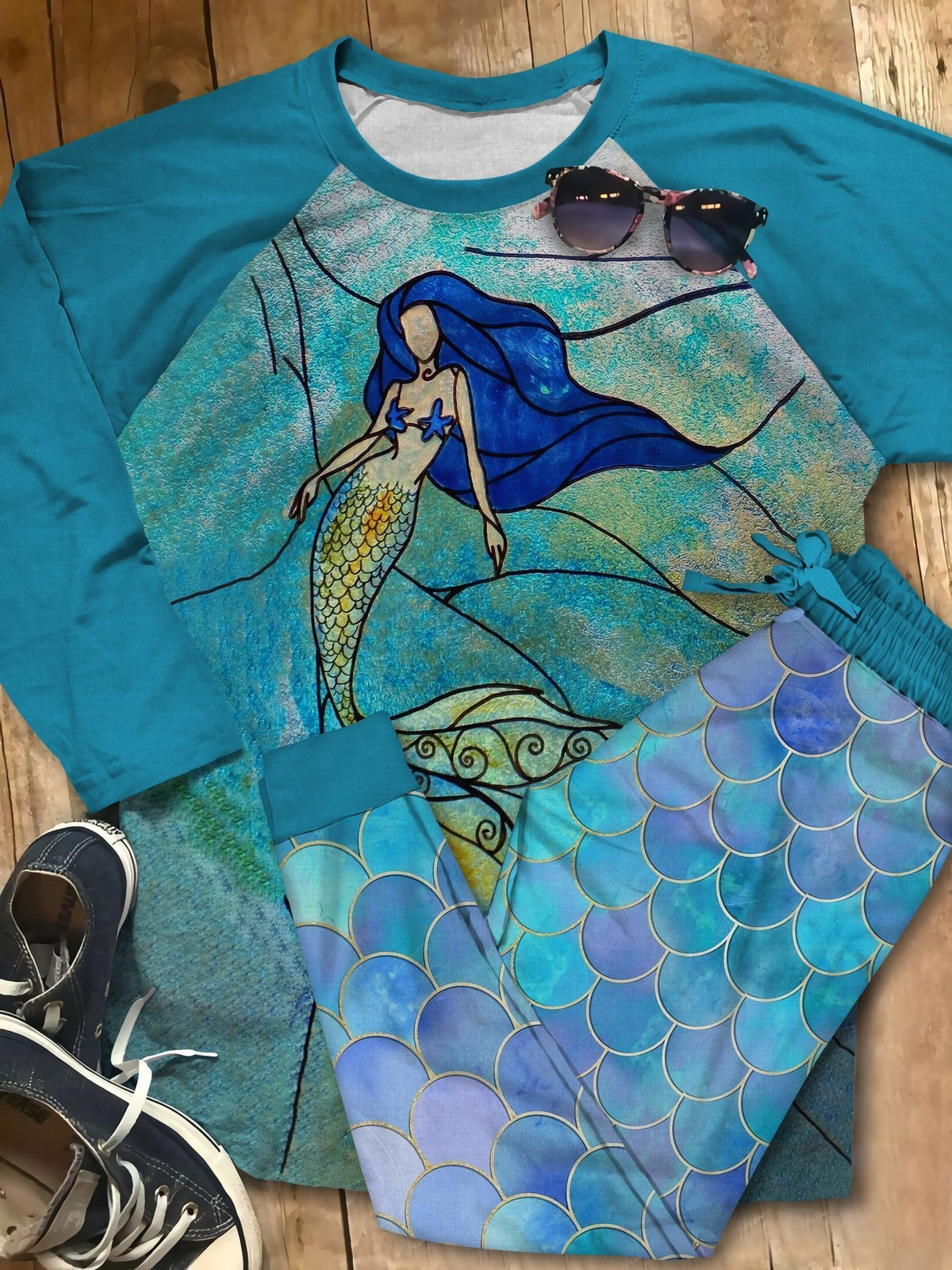 Mermaid Stained Glass Beautiful Gi Unique Pajama Set |Sleepwear Pjs Sets | Raglan Shirt Pants Set