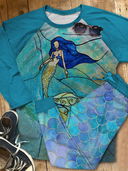 Mermaid Stained Glass Beautiful Gi Unique Pajama Set |Sleepwear Pjs Sets | Raglan Shirt Pants Set