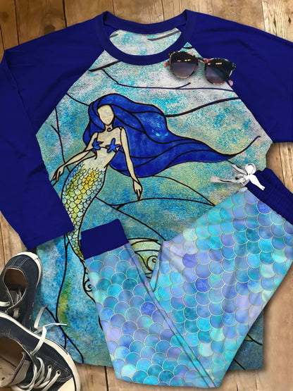 Mermaid Stained Glass Beautiful Gi Unique Pajama Set |Sleepwear Pjs Sets | Raglan Shirt Pants Set