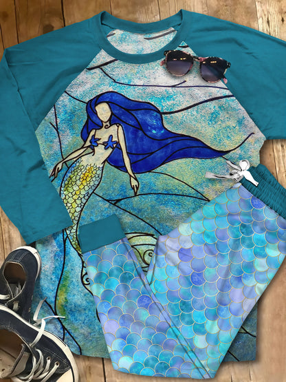 Mermaid Stained Glass Beautiful Gi Unique Pajama Set |Sleepwear Pjs Sets | Raglan Shirt Pants Set