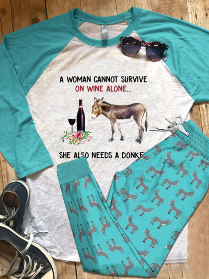 Donkey She Also Needs A Donkey Aae Pajama Set |Sleepwear Pjs Sets | Raglan Shirt Pants Set