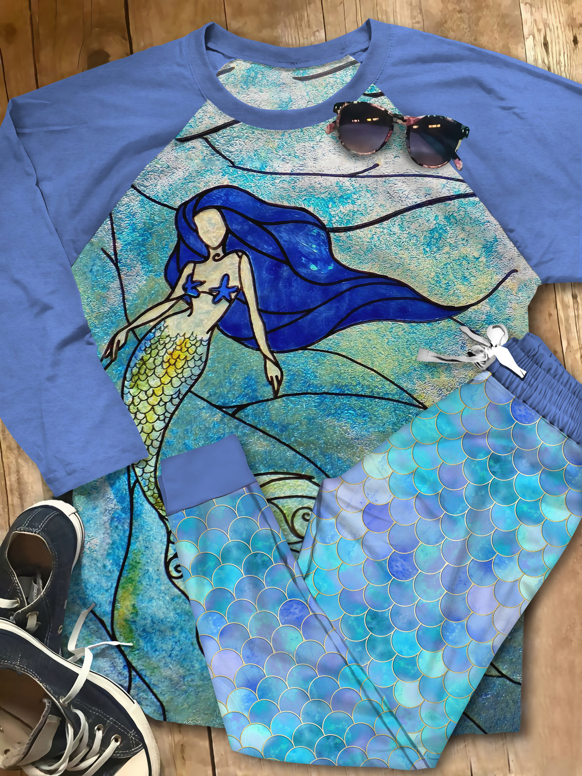 Mermaid Stained Glass Beautiful Gi Unique Pajama Set |Sleepwear Pjs Sets | Raglan Shirt Pants Set