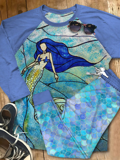 Mermaid Stained Glass Beautiful Gi Unique Pajama Set |Sleepwear Pjs Sets | Raglan Shirt Pants Set