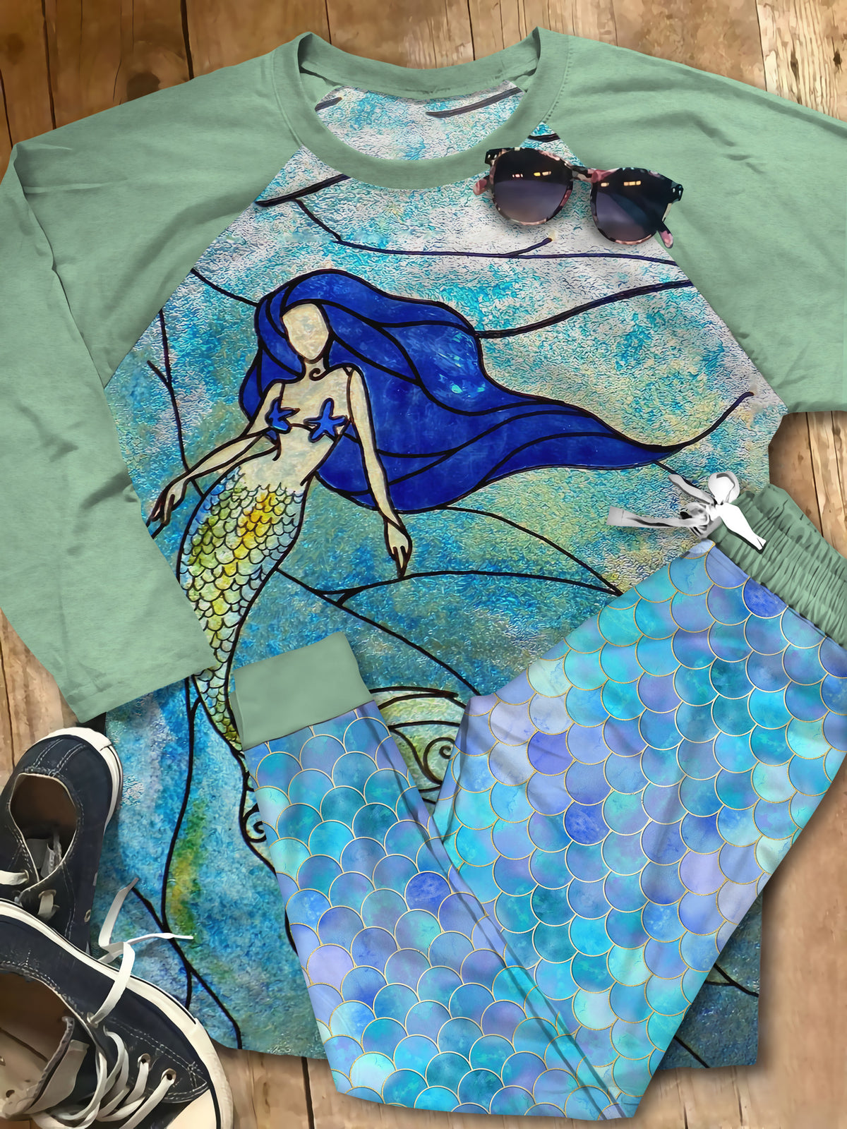 Mermaid Stained Glass Beautiful Gi Unique Pajama Set |Sleepwear Pjs Sets | Raglan Shirt Pants Set