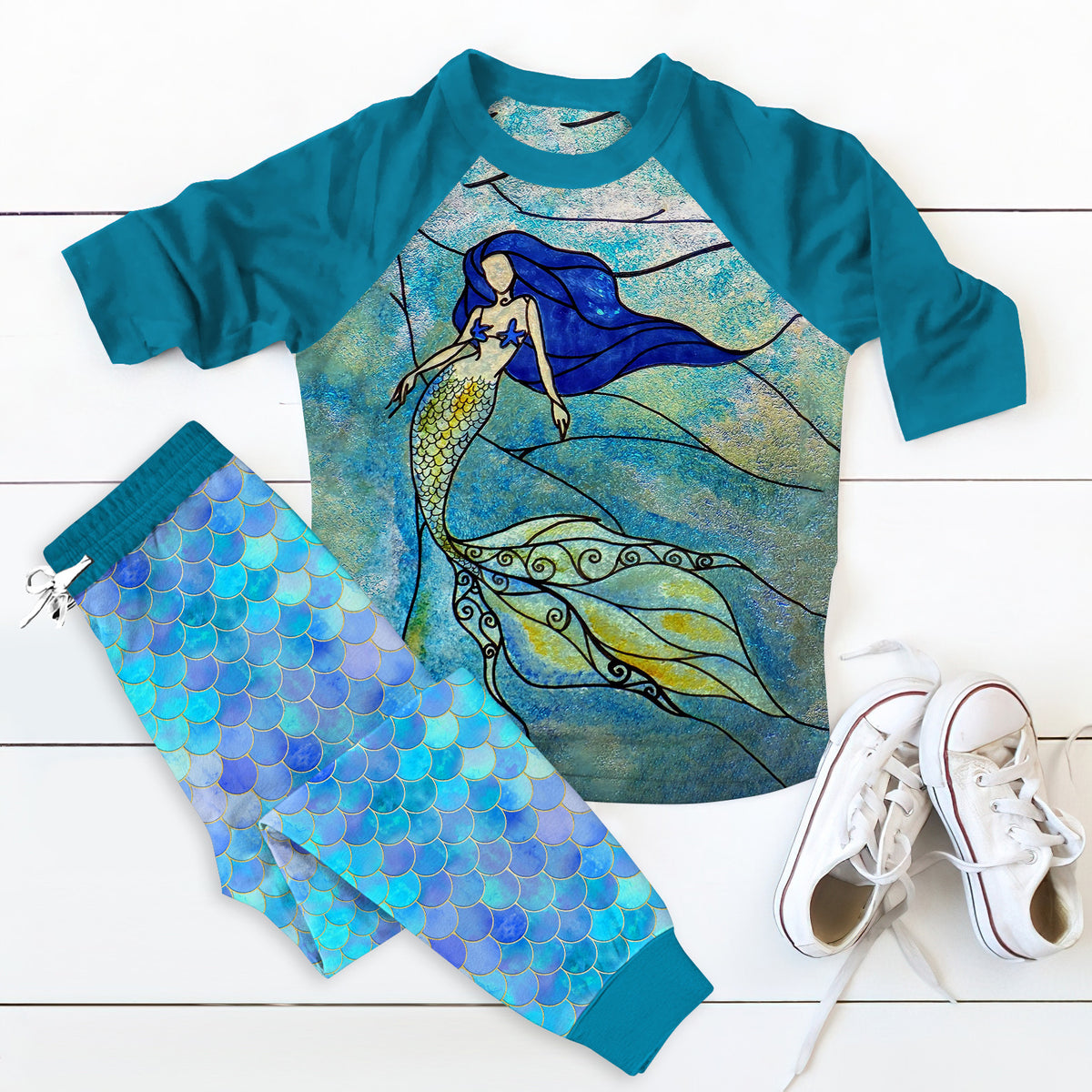 Mermaid Stained Glass Beautiful Gi Unique Pajama Set |Sleepwear Pjs Sets | Raglan Shirt Pants Set