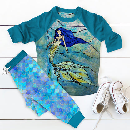 Mermaid Stained Glass Beautiful Gi Unique Pajama Set |Sleepwear Pjs Sets | Raglan Shirt Pants Set
