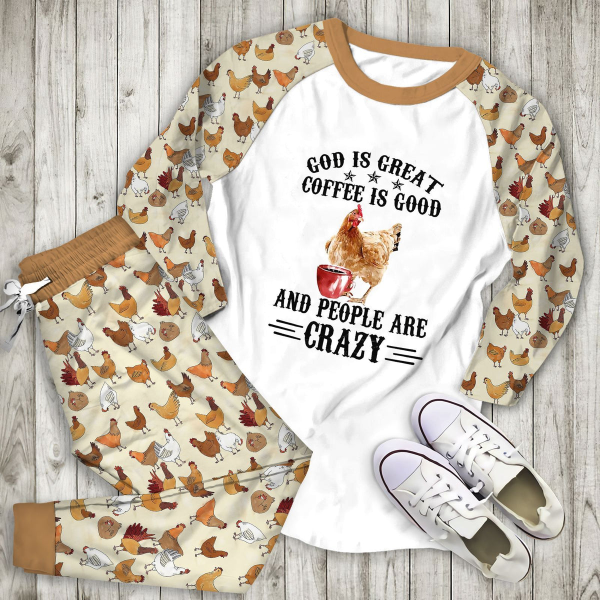 Chicken God Is Great Three Colors Aal Pajama Set |Sleepwear Pjs Sets | Raglan Shirt Pants Set
