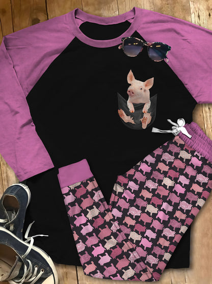 Pig Pocket Pajama Set |Sleepwear Pjs Sets | Raglan Shirt Pants Set