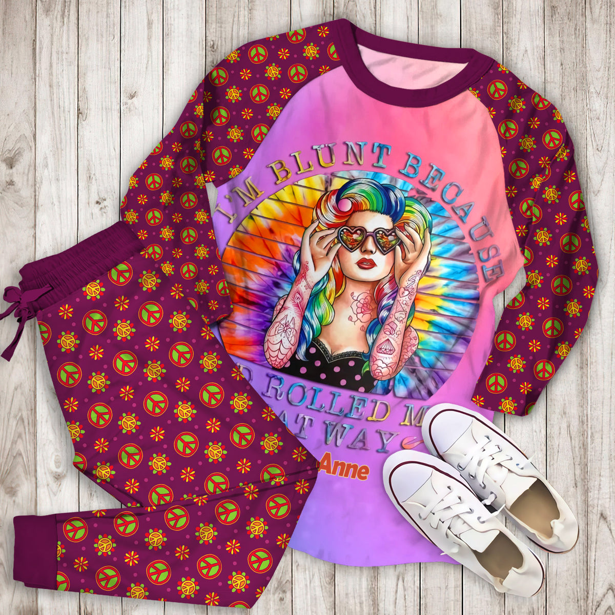 Hippie Blunt Hippie Personalized Name Pajama Set |Sleepwear Pjs Sets | Raglan Shirt Pants Set