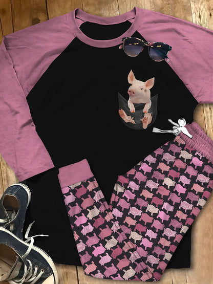 Pig Pocket Pajama Set |Sleepwear Pjs Sets | Raglan Shirt Pants Set