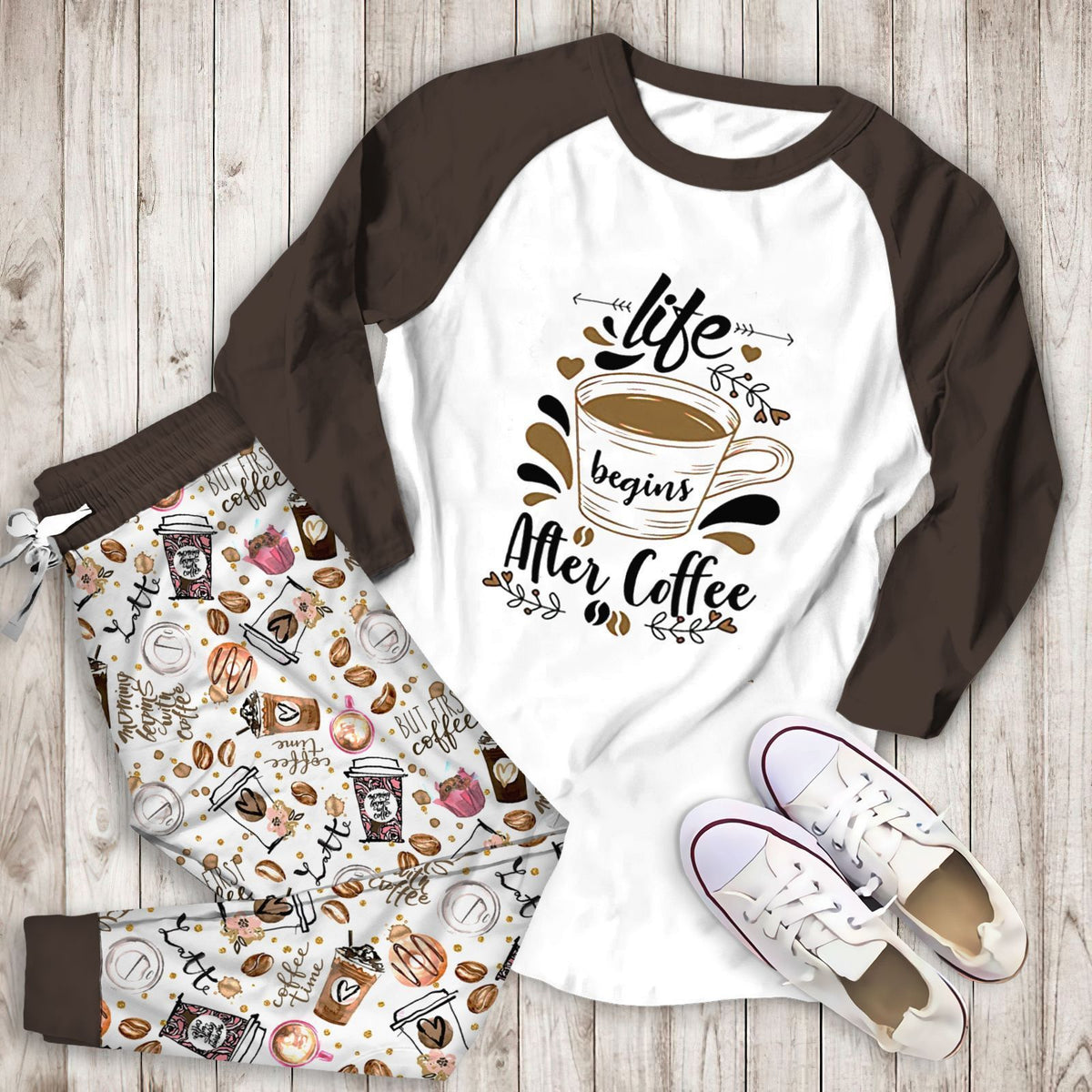 Coffee Life Begins After Coffee Aam Pajama Set |Sleepwear Pjs Sets | Raglan Shirt Pants Set